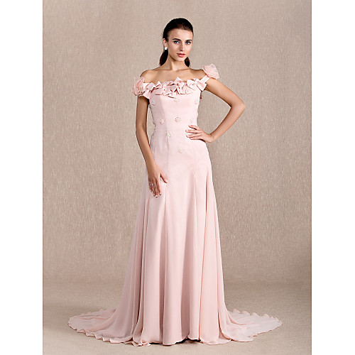 

Ball Gown Floral Formal Evening Dress Off Shoulder Short Sleeve Court Train Chiffon with Bow(s) Beading Flower 2021