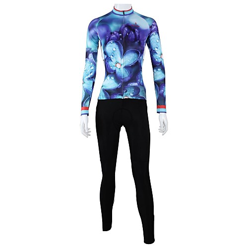 

ILPALADINO Women's Long Sleeve Cycling Jersey with Tights Winter Polyester Light Purple Floral Botanical Bike Clothing Suit Windproof Breathable Quick Dry Back Pocket Sports Floral Botanical Mountain