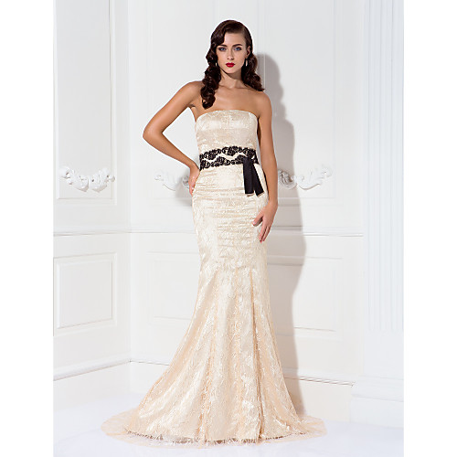 

Mermaid / Trumpet Celebrity Style Elegant Formal Evening Military Ball Black Tie Gala Dress Strapless Sleeveless Sweep / Brush Train Lace with Sash / Ribbon Draping 2021