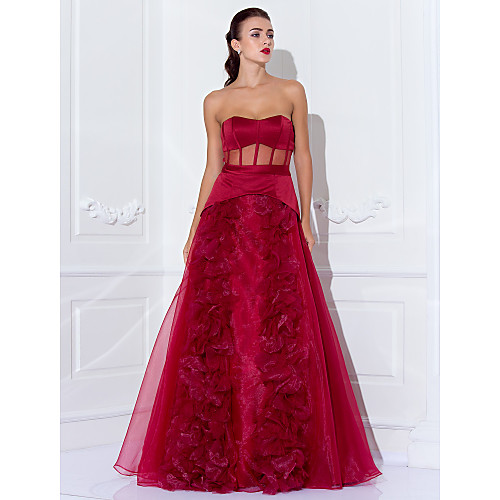 

Ball Gown Celebrity Style See Through Holiday Cocktail Party Prom Dress Strapless Sleeveless Floor Length Organza Satin with Sash / Ribbon Flower 2021