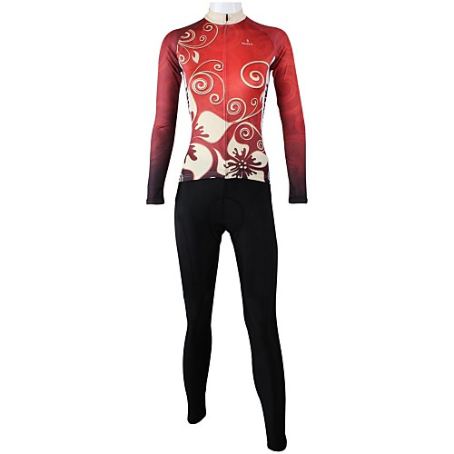 

ILPALADINO Women's Long Sleeve Cycling Jersey with Tights Winter Polyester Red Floral Botanical Plus Size Bike Clothing Suit Windproof Breathable Quick Dry Back Pocket Sports Floral Botanical