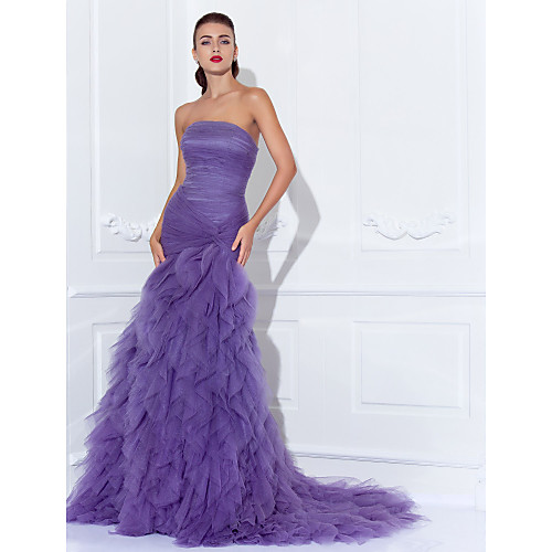 

Mermaid / Trumpet Elegant Vintage Inspired Prom Formal Evening Dress Strapless Sleeveless Court Train Tulle with Criss Cross Ruched Cascading Ruffles 2021