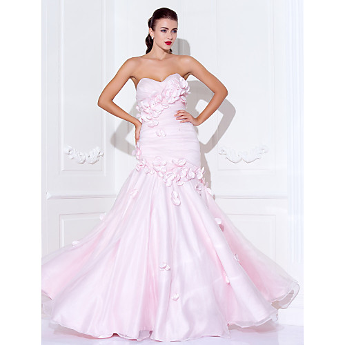 

Mermaid / Trumpet Open Back Prom Formal Evening Military Ball Dress Sweetheart Neckline Spaghetti Strap Sleeveless Floor Length Organza Satin with Beading Side Draping Flower 2021