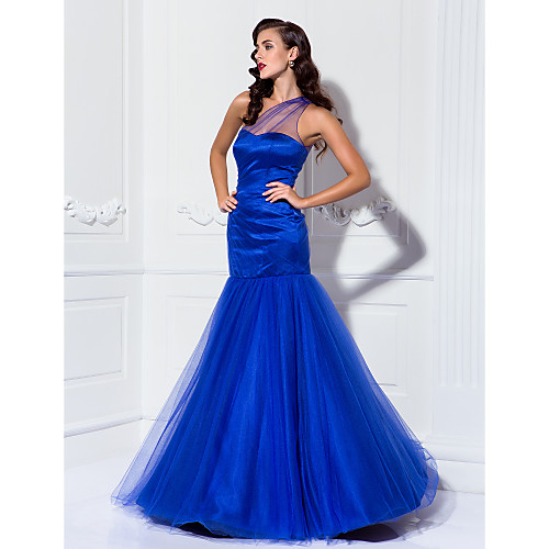 

Mermaid / Trumpet Celebrity Style Inspired by Golden Globe Vintage Inspired Formal Evening Military Ball Dress Illusion Neck Sleeveless Floor Length Tulle Stretch Satin with Draping 2021