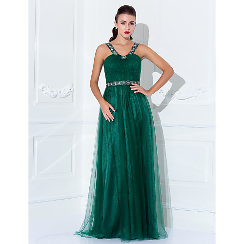 

Sheath / Column Open Back Prom Formal Evening Military Ball Dress Straps Halter Neck Sleeveless Floor Length Tulle with Beading Embroidery Side Draping 2021