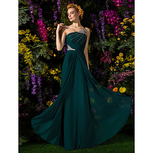 

Sheath / Column Dress One Shoulder Floor Length Chiffon with Criss Cross Beading Draping 2021