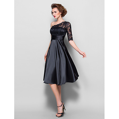 

A-Line Mother of the Bride Dress See Through One Shoulder Knee Length Lace Stretch Satin Half Sleeve with Lace Ruched Beading 2021