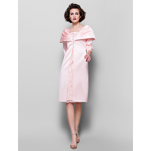 

Sheath / Column Mother of the Bride Dress Wrap Included Square Neck Knee Length Lace Satin 3/4 Length Sleeve with Lace Buttons 2021