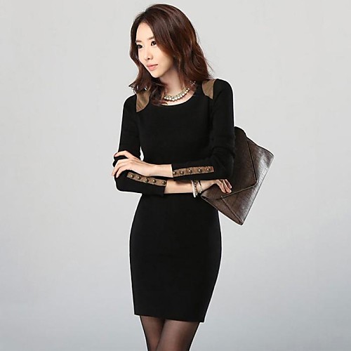 

Women's Sheath Dress Short Mini Dress Black Red Beige Long Sleeve Solid Colored Patchwork Fall Winter Round Neck Streetwear S M L XL XXL 3XL / Plus Size