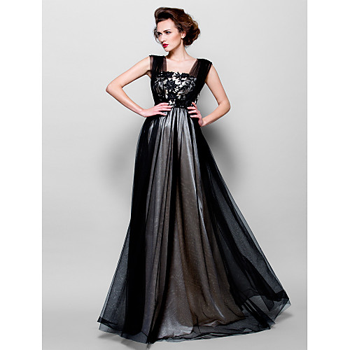 

A-Line Mother of the Bride Dress Color Block Square Neck Floor Length Tulle Sleeveless with Beading Appliques 2021