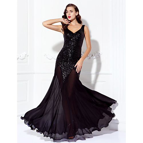 

A-Line Beaded & Sequin Prom Formal Evening Dress V Neck Sleeveless Floor Length Chiffon Sequined with Sequin 2021
