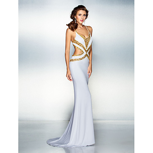 

Mermaid / Trumpet Sparkle White Engagement Formal Evening Dress V Neck Sleeveless Sweep / Brush Train Jersey with Crystals 2021