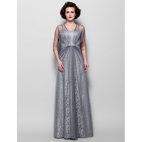 

A-Line Mother of the Bride Dress See Through Spaghetti Strap Floor Length Lace Tulle 3/4 Length Sleeve with Beading 2021