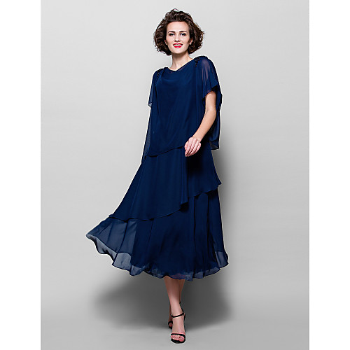 

A-Line Mother of the Bride Dress Plus Size Elegant Cowl Neck Tea Length Chiffon Short Sleeve with Ruffles 2021