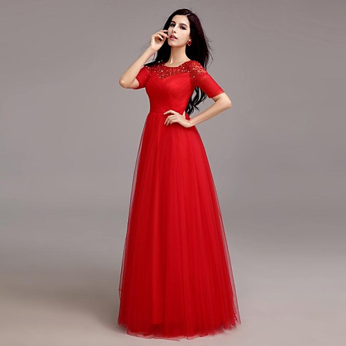 

A-Line Formal Evening Dress Scoop Neck Half Sleeve Floor Length Tulle with Criss Cross Beading 2021