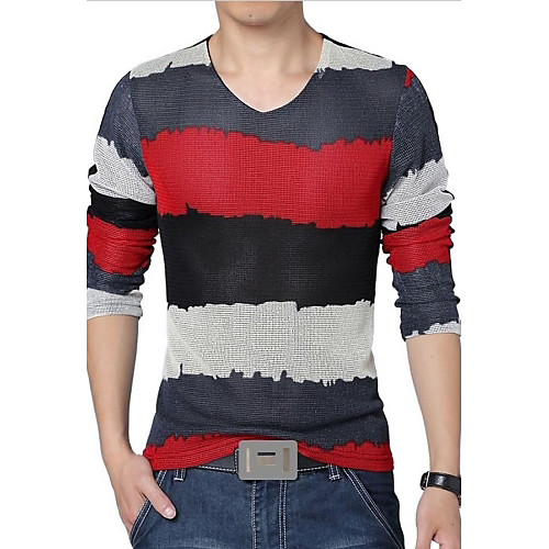 

Men's T shirt Color Block Plus Size Print Long Sleeve Daily Tops Red Blue Green