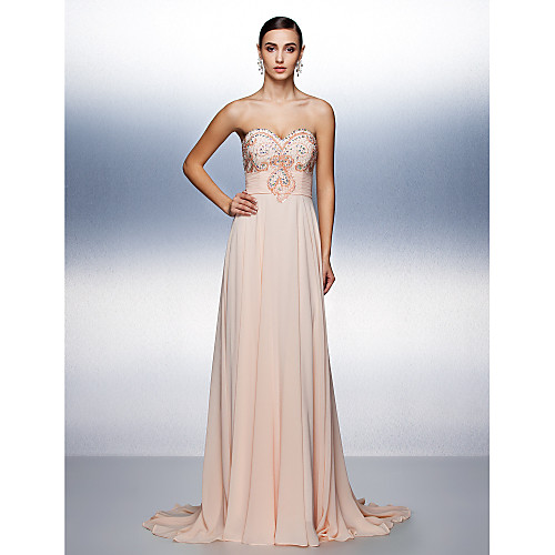 

A-Line Prom Formal Evening Dress Strapless Sweep / Brush Train Chiffon with Sash / Ribbon Beading 2021