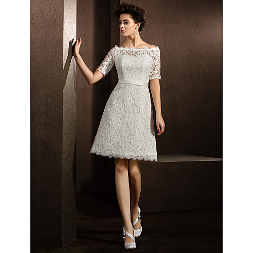 

A-Line Wedding Dresses Bateau Neck Knee Length Lace Half Sleeve Formal Casual Little White Dress Illusion Sleeve with Sash / Ribbon 2021