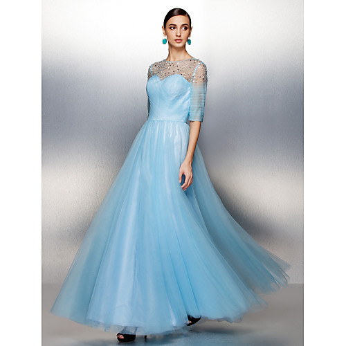 

A-Line See Through Dress Jewel Neck Floor Length Tulle with Criss Cross Beading 2021