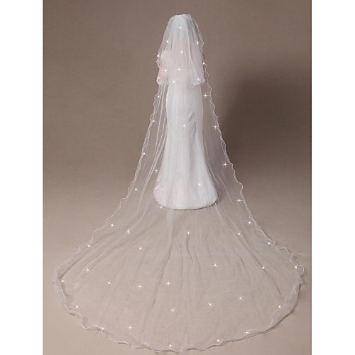 

Two-tier Pencil Edge / Beaded Edge Wedding Veil Elbow Veils / Cathedral Veils with Scattered Crystals Style 118.11 in (300cm) Tulle