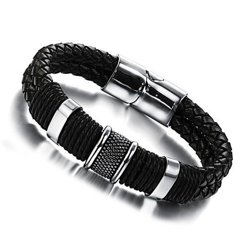 

Men's Leather Bracelet woven Unique Design Fashion Leather Bracelet Jewelry Silver / Black For Wedding Party Daily Casual Sports / Titanium Steel