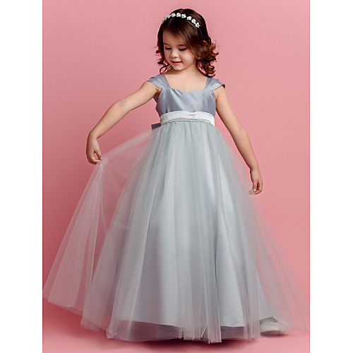 

Ball Gown Floor Length Pageant Flower Girl Dresses - Taffeta / Tulle Short Sleeve Square Neck with Sash / Ribbon / Bow(s) / Spring / Summer / Fall