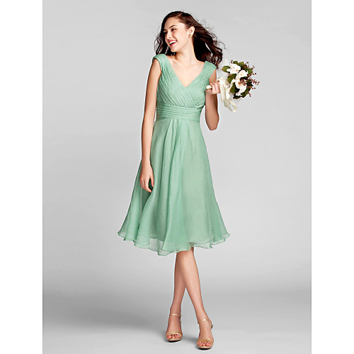 

A-Line V Neck Knee Length Chiffon Bridesmaid Dress with Criss Cross / Ruched / Draping