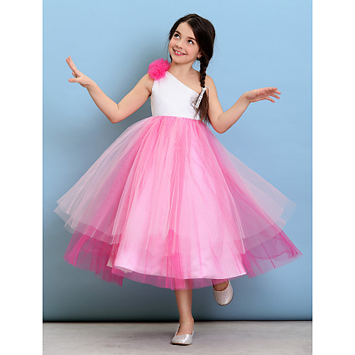 

Ball Gown One Shoulder Tea Length Tulle Junior Bridesmaid Dress with Flower / Natural