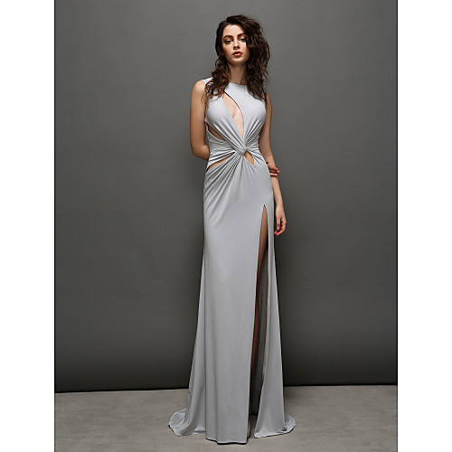 

Sheath / Column Formal Evening Dress Jewel Neck Sleeveless Sweep / Brush Train Jersey with Criss Cross 2021