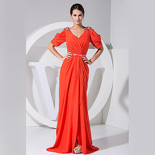 

A-Line Formal Evening Dress V Neck Half Sleeve Floor Length Chiffon with Beading 2021