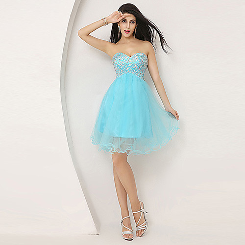 

A-Line Sparkle & Shine Homecoming Cocktail Party Dress Sweetheart Neckline Sleeveless Knee Length Tulle with Beading 2021