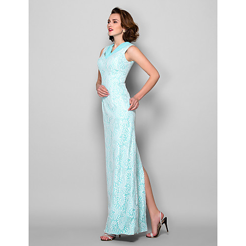 

Sheath / Column Mother of the Bride Dress V Neck Floor Length Lace Sleeveless with Lace Criss Cross 2021
