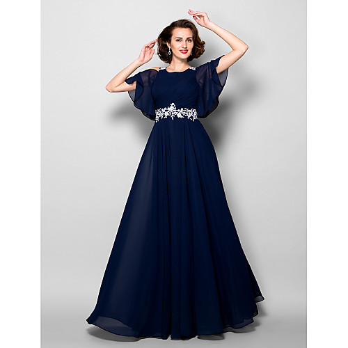 

A-Line Mother of the Bride Dress Jewel Neck Floor Length Chiffon Short Sleeve with Criss Cross Beading Appliques 2021