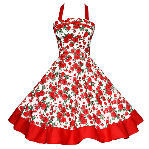 

Women's Plus Size Red Green Dress Vintage Party A Line Color Block Halter Neck Backless Print S M / Cotton