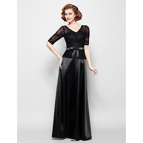

Sheath / Column Mother of the Bride Dress Elegant V Neck Floor Length Lace Stretch Satin Half Sleeve with Lace Sash / Ribbon Bow(s) 2021