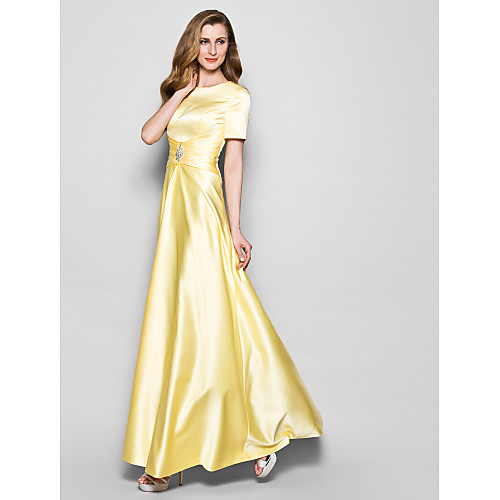 

A-Line Mother of the Bride Dress Plus Size Elegant Vintage Jewel Neck Floor Length Satin Short Sleeve with Sash / Ribbon Ruched Crystals 2021