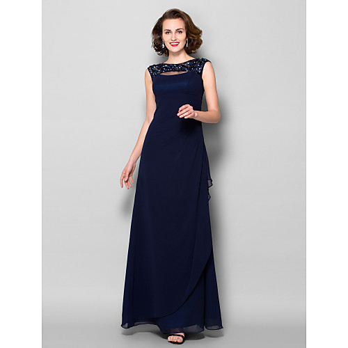 

Sheath / Column Mother of the Bride Dress Bateau Neck Floor Length Georgette Sleeveless with Ruched Crystals Beading 2021