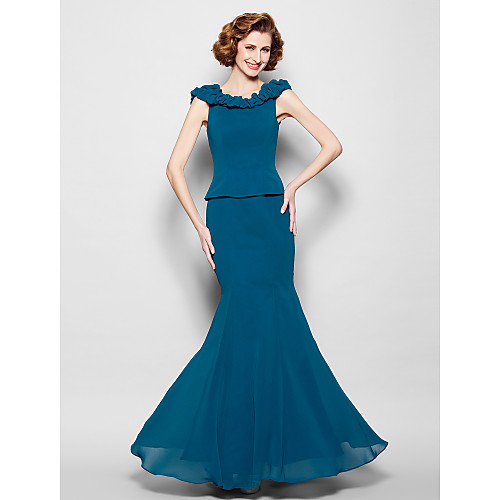 

Mermaid / Trumpet Mother of the Bride Dress Jewel Neck Floor Length Georgette Sleeveless with Pick Up Skirt 2021