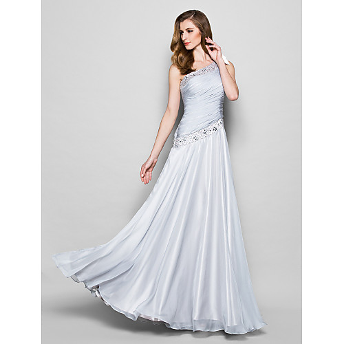 

A-Line Mother of the Bride Dress Elegant One Shoulder Floor Length Chiffon Sleeveless with Bow(s) Crystals Beading 2021