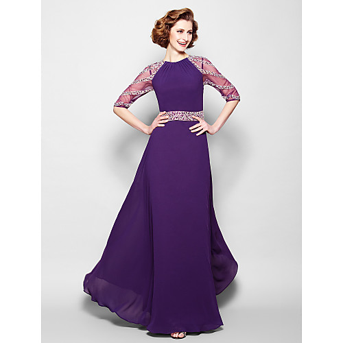 

A-Line Mother of the Bride Dress See Through Jewel Neck Floor Length Tulle Georgette Half Sleeve with Sash / Ribbon Crystals Beading 2021