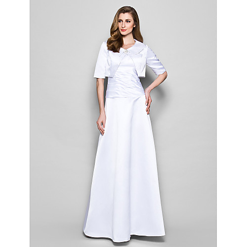 

A-Line Mother of the Bride Dress Wrap Included Jewel Neck Floor Length Satin Half Sleeve with Ruched Crystal Brooch 2021