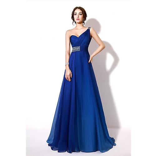 

A-Line Formal Evening Dress One Shoulder Sleeveless Floor Length Chiffon with Crystals Beading 2021