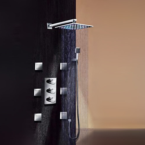 

Contemporary Wall Mounted Rain Shower Widespread Handshower Included Thermostatic LED with Brass Valve Chrome , Shower Faucet