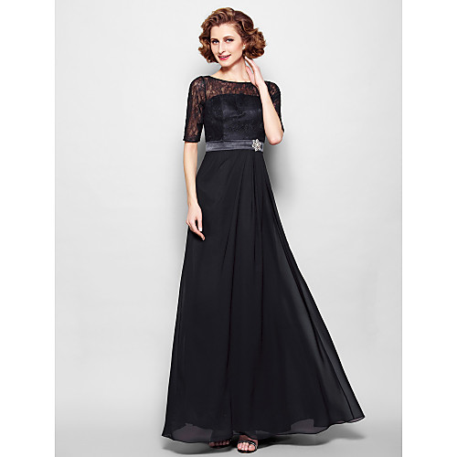 

A-Line Mother of the Bride Dress Jewel Neck Floor Length Chiffon Lace Half Sleeve with Lace Sash / Ribbon Crystal Brooch 2021