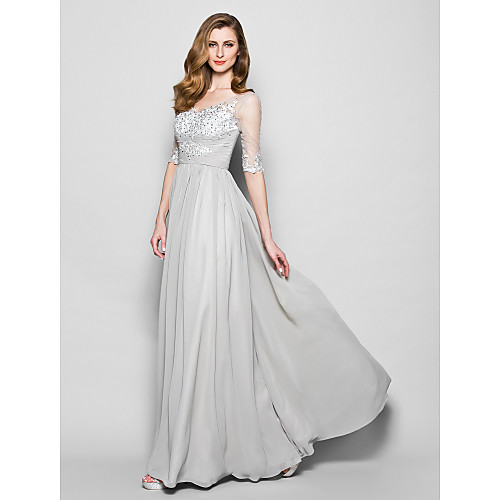 

A-Line Mother of the Bride Dress V Neck Floor Length Chiffon Tulle Half Sleeve with Ruched Beading Sequin 2021