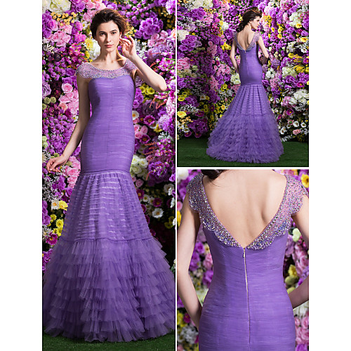 

Fit & Flare Prom Formal Evening Dress Scoop Neck Sweep / Brush Train Tulle with Ruched Beading Tassel 2021