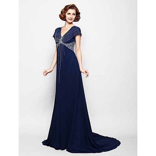 

A-Line Mother of the Bride Dress V Neck Court Train Georgette Short Sleeve with Beading Sequin 2021