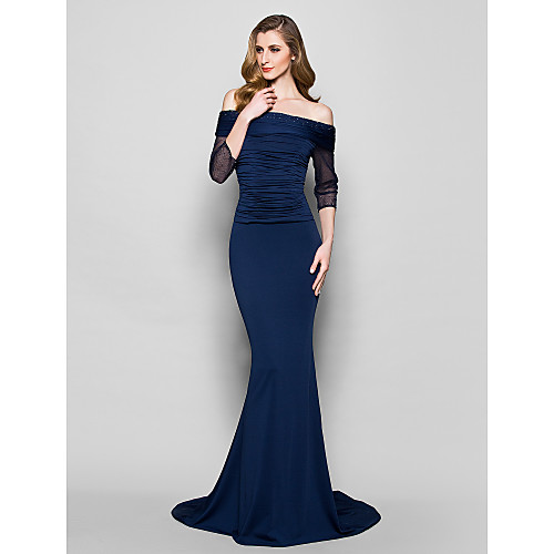 

Mermaid / Trumpet Mother of the Bride Dress Off Shoulder Sweep / Brush Train Tulle Jersey 3/4 Length Sleeve with Ruched Beading 2021