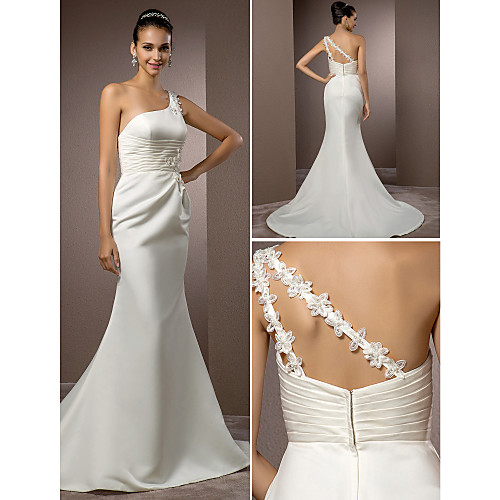 

Mermaid / Trumpet Wedding Dresses One Shoulder Court Train Satin Sleeveless with 2021