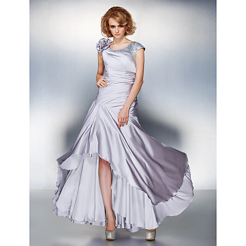 

A-Line Mother of the Bride Dress Lace Up Scoop Neck Asymmetrical Satin Chiffon Short Sleeve with Sequin Side Draping Flower 2021